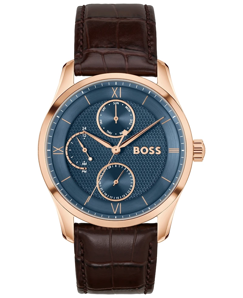 Hugo Boss Men's Principle Master Quartz Multifunction Brown Calfskin Watch, 41mm