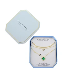 Unwritten Malachite Clover and Cubic Zirconia Bezel Layered Necklace Set