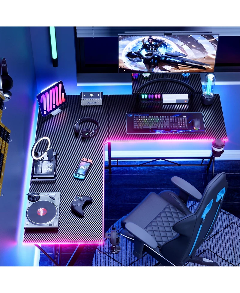 Mr Ironstone L Shaped Gaming Desk with Led Lights Corner Computer Desk with Carbon Fiber Surface, L shaped desk, Home Office Desks Writing Workstation