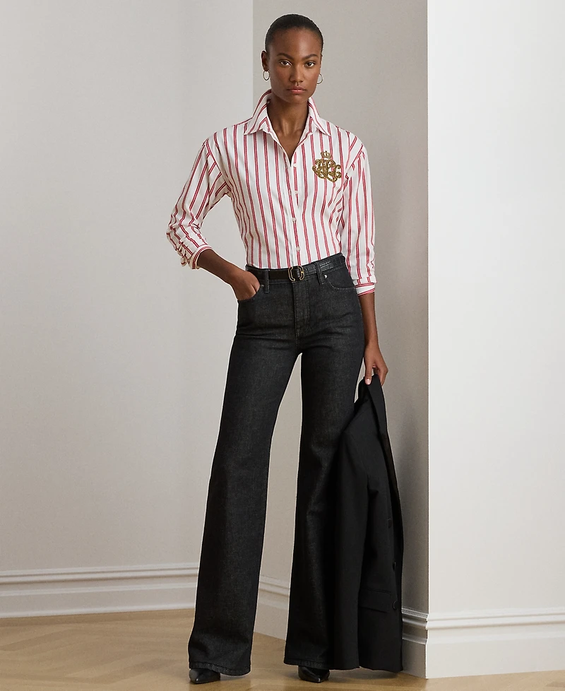 Lauren Ralph Petite Point Collar Striped Shirt