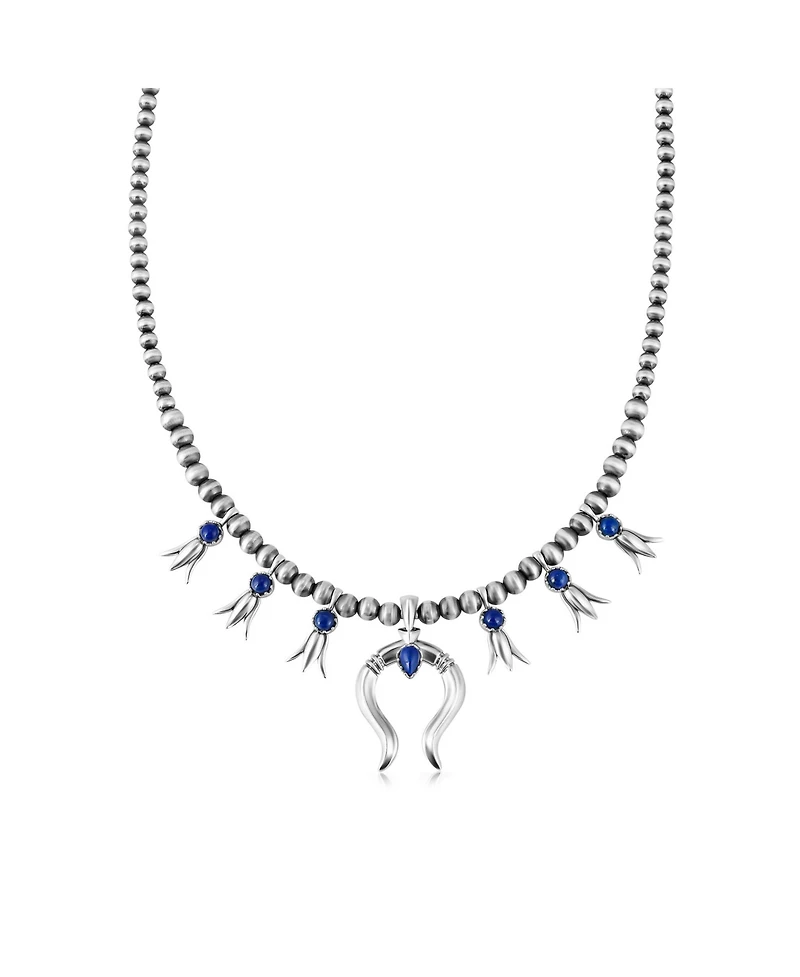 American West Jewelry Sterling Silver Lapis Beaded Squash Blossom Necklace, 16 to 19 Inches