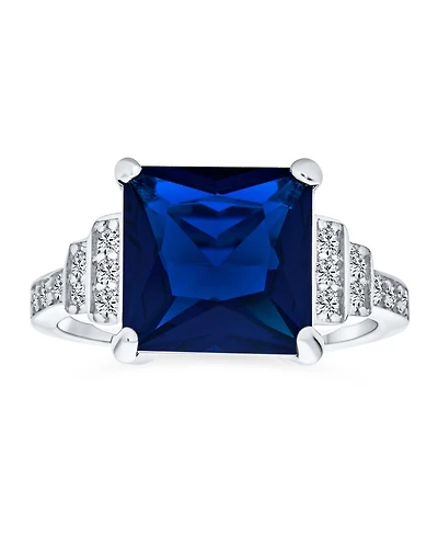 Bling Jewelry Sterling Silver Art Deco Style 5CTW Blue Princess Cut Cz Statement Ring with Stepped Side Stones