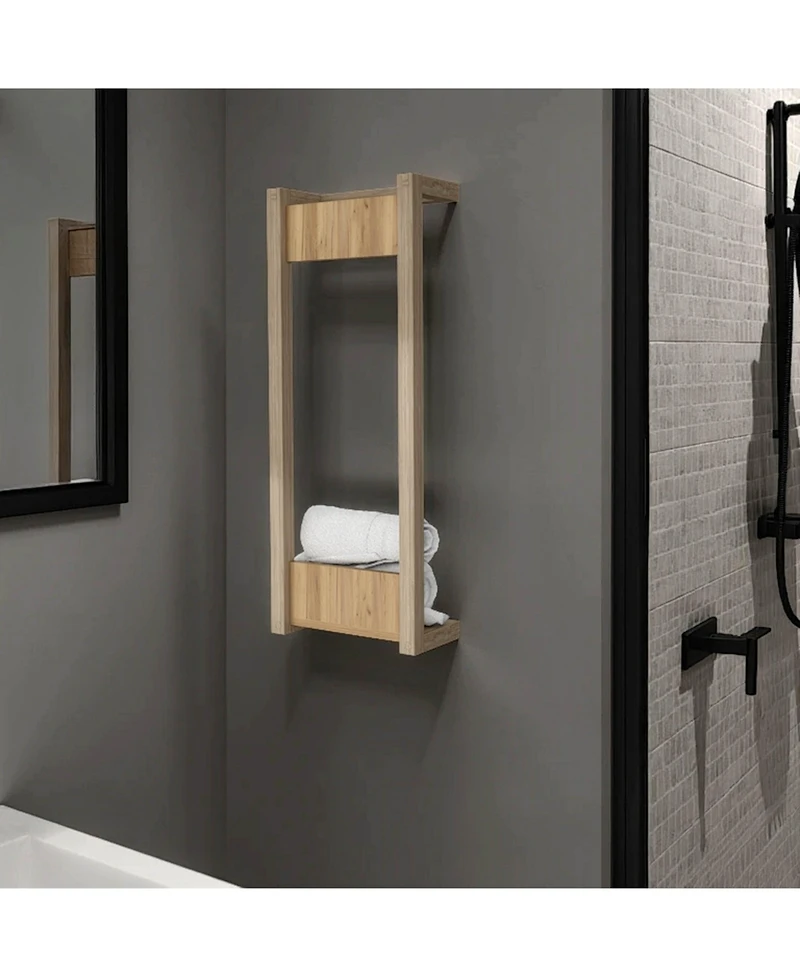 Fm Furniture Washan Towel Rack, wall-mounted design, open vertical frame, integrated lower shelf for folded towels, sturdy and lightweight structure,