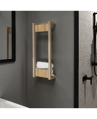 Fm Furniture Washan Towel Rack, wall-mounted design, open vertical frame, integrated lower shelf for folded towels, sturdy and lightweight structure,