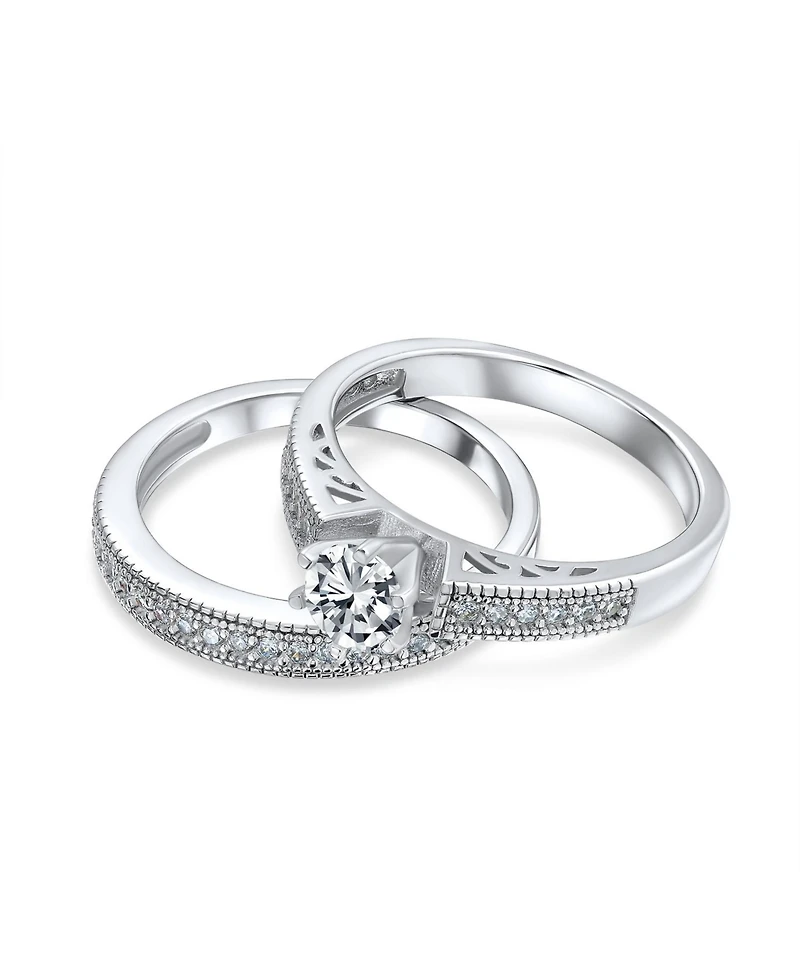 Bling Jewelry 1.5CT Round Cubic Zirconia Solitaire 6 Prong Milgrain Cz Pave Promise Band Ring Set Sterling Silver