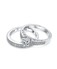 Bling Jewelry 1.5CT Round Cubic Zirconia Solitaire 6 Prong Milgrain Cz Pave Promise Band Ring Set Sterling Silver