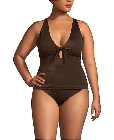 Lands' End Women's Plus Shine Ribbed Tankini Top and High Waisted Bottom Swimsuit Set