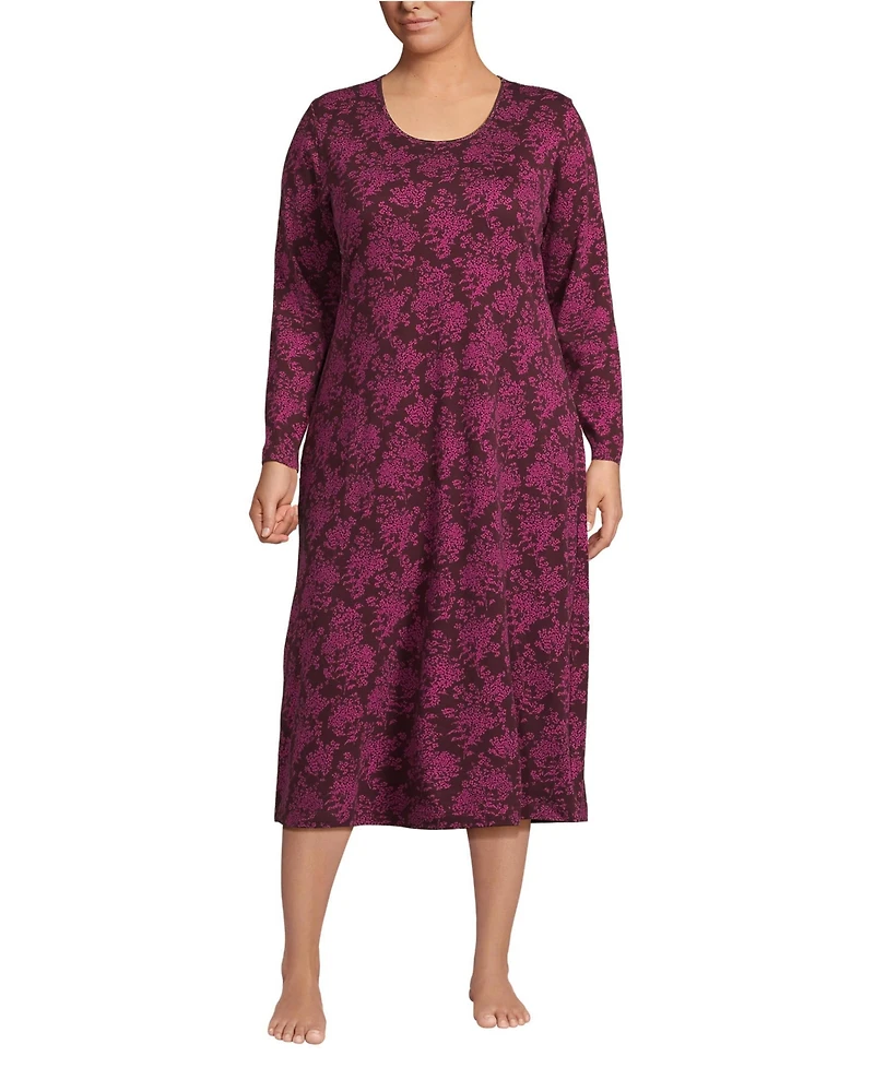 Lands' End Plus Cotton Long Sleeve Midcalf Nightgown