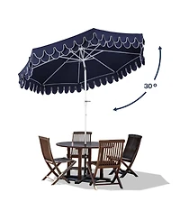 Jonathan Y Tracy 9 ft. Classic MidCentury Scalloped Fringe Market Patio Umbrella with Auto-Tilt Crank, Wind Vent and Uv Protection in Coral