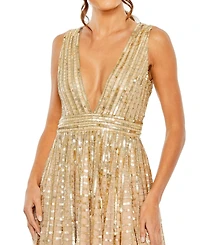 Mac Duggal Women's Embellished Sleeveless V Neck A Line Dress