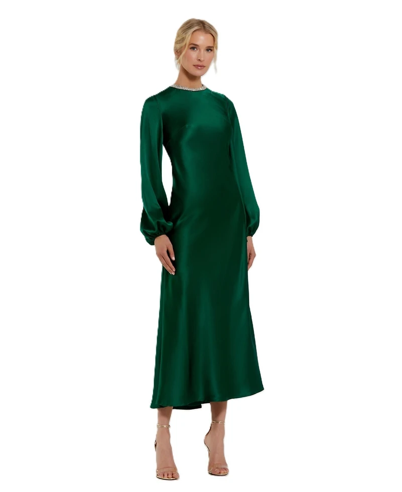 Mac Duggal Women's High Neck Long Sleeve Crystal Detail Dress