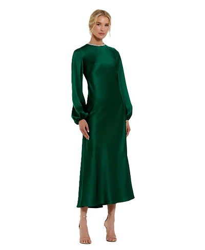 Mac Duggal Women's High Neck Long Sleeve Crystal Detail Dress