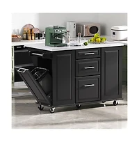 Maison Boucle 50.7" Rolling Kitchen Island with Drop Leaf, Hidden Trash Cabinet, Wood Top, Pull-Out Organizer-Maison Boucle