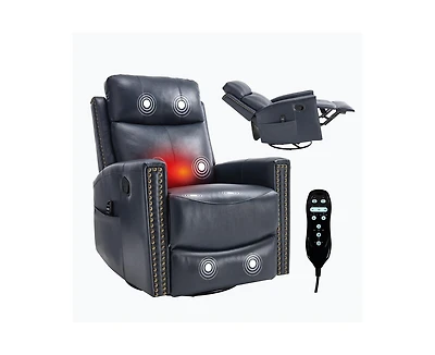Casainc Genuine Leather Heat Massage Manual Recliner Chair with Rocker and Swivel