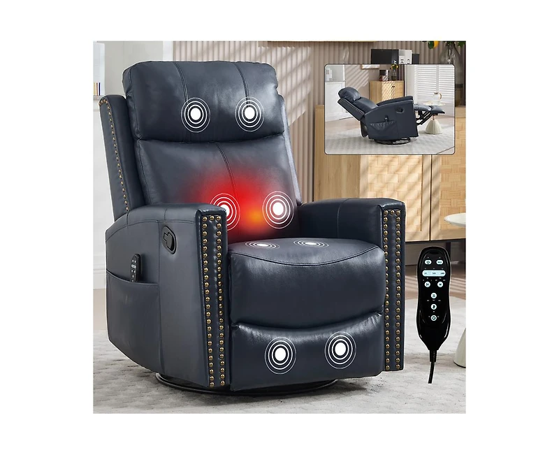 Casainc Genuine Leather Heat Massage Manual Recliner Chair with Rocker and Swivel