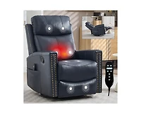 Casainc Genuine Leather Heat Massage Manual Recliner Chair with Rocker and Swivel
