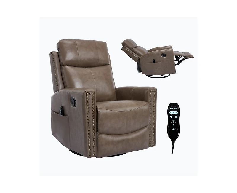 Casainc Genuine Leather Heat Massage Manual Recliner Chair with Rocker and Swivel
