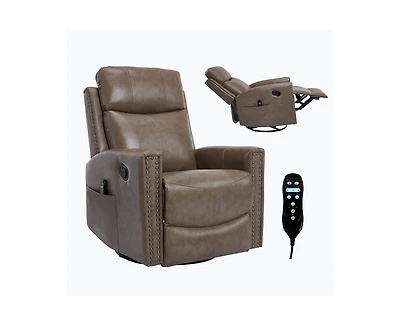 Casainc Genuine Leather Heat Massage Manual Recliner Chair with Rocker and Swivel
