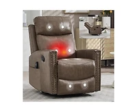 Casainc Genuine Leather Heat Massage Manual Recliner Chair with Rocker and Swivel