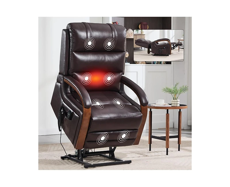 Casainc Power Leatheraire Lift Recliner Chair Dual Motor Infinite Position Up to 350 Lbs with Solid Wood Armrests, Heat Massage and Heavy Duty Motion