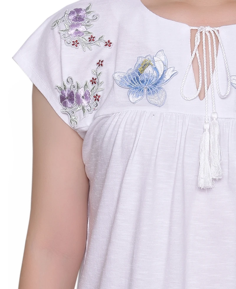 Ny Collection Petite Embroidered Yoke Extended Sleeve Top