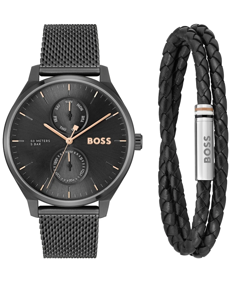 Hugo Boss Men's Tyler Giftset Quartz Multifunction Ionic Plated Black Steel Watch, 43mm