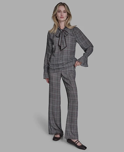 Bcbg Women's Plaid Long Sleeve Tie Neck Top