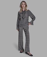 Bcbg Women's Plaid Long Sleeve Tie Neck Top