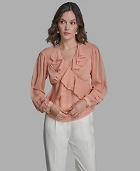 Bcbg Women's Long Sleeve Ruffle V-Neck Blouse