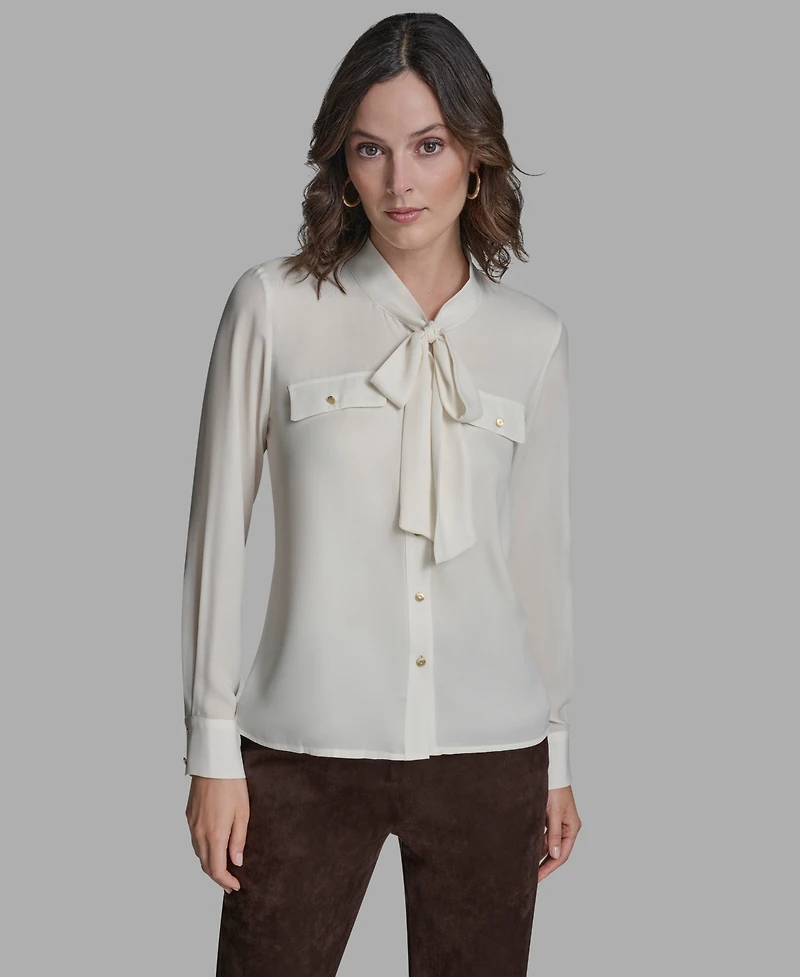 Bcbg Women's Button Down Tie Neck Blouse