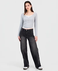 Madden Girl Juniors' 90s Wide-Leg Star Studded Jeans