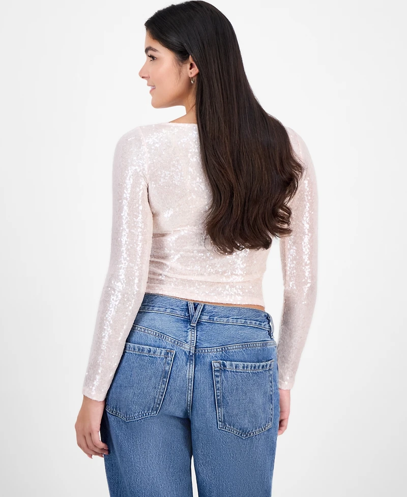 Madden Girl Juniors' Sequined Long-Sleeve Cropped Top