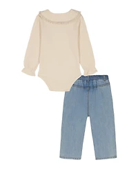 Calvin Klein Baby Girls 2-Piece Peter-Pan Collared Bodysuit and Wide Leg Denim Pants Set