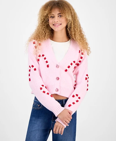 Planet Heart Juniors' 3D Candy Cane Cropped Cardigan