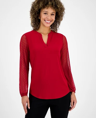 Kasper Women's Split-Neck Long-Dot-Sleeve Blouse, Regular & Petite