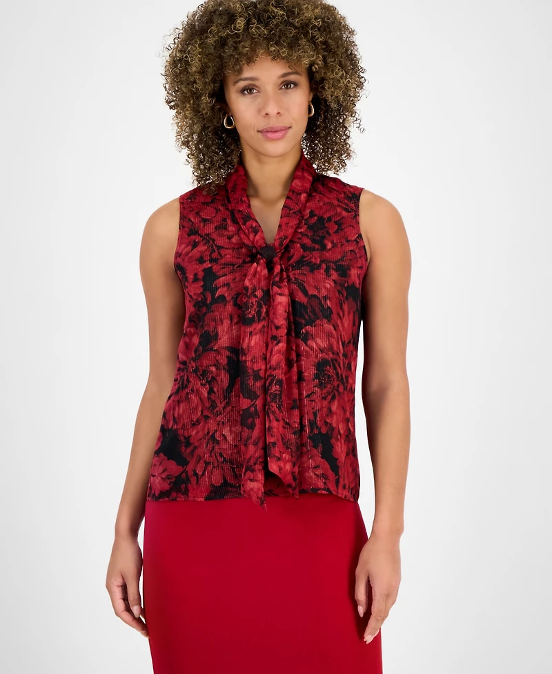Kasper Women's Printed Tie-Neck Sleeveless Top