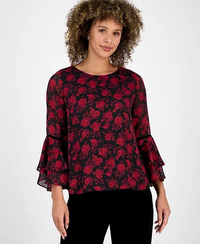Kasper Women's Printed Flare-Sleeve Blouse