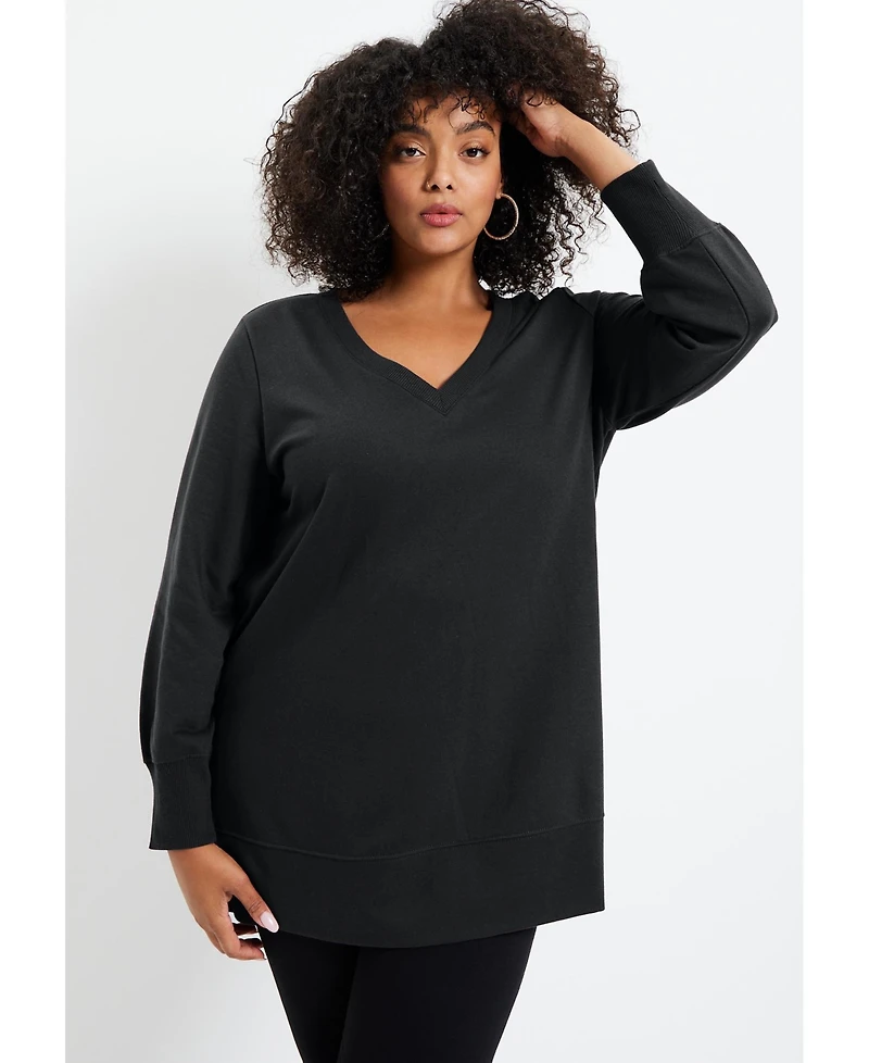 June + Vie Women's Plus V-Neck French Terry Sweatshirt