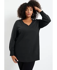 June + Vie Women's Plus V-Neck French Terry Sweatshirt