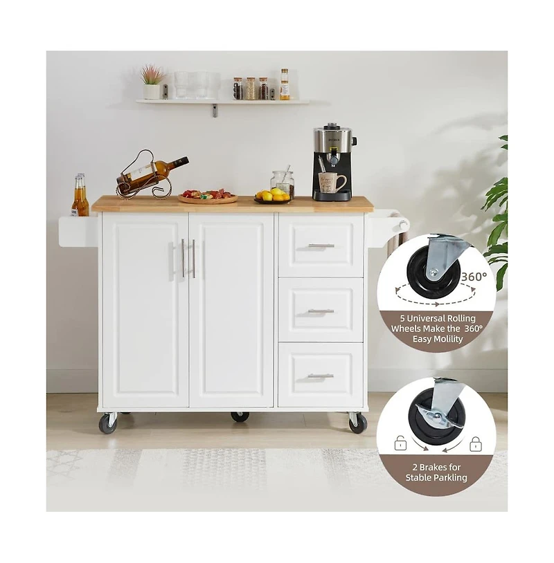Maison Boucle 53.8" Rolling Kitchen Island with Drop Leaf, Storage Cabinet, 3 Drawers & Wood Top, Mobile Kitchen Cart on Wheels