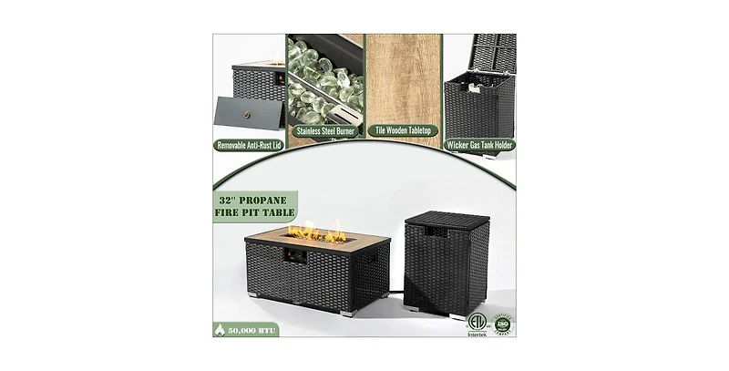 32 Inch Rectangular Wicker Fire Pit Table with 50000 Btu Burner and Ceramic Top