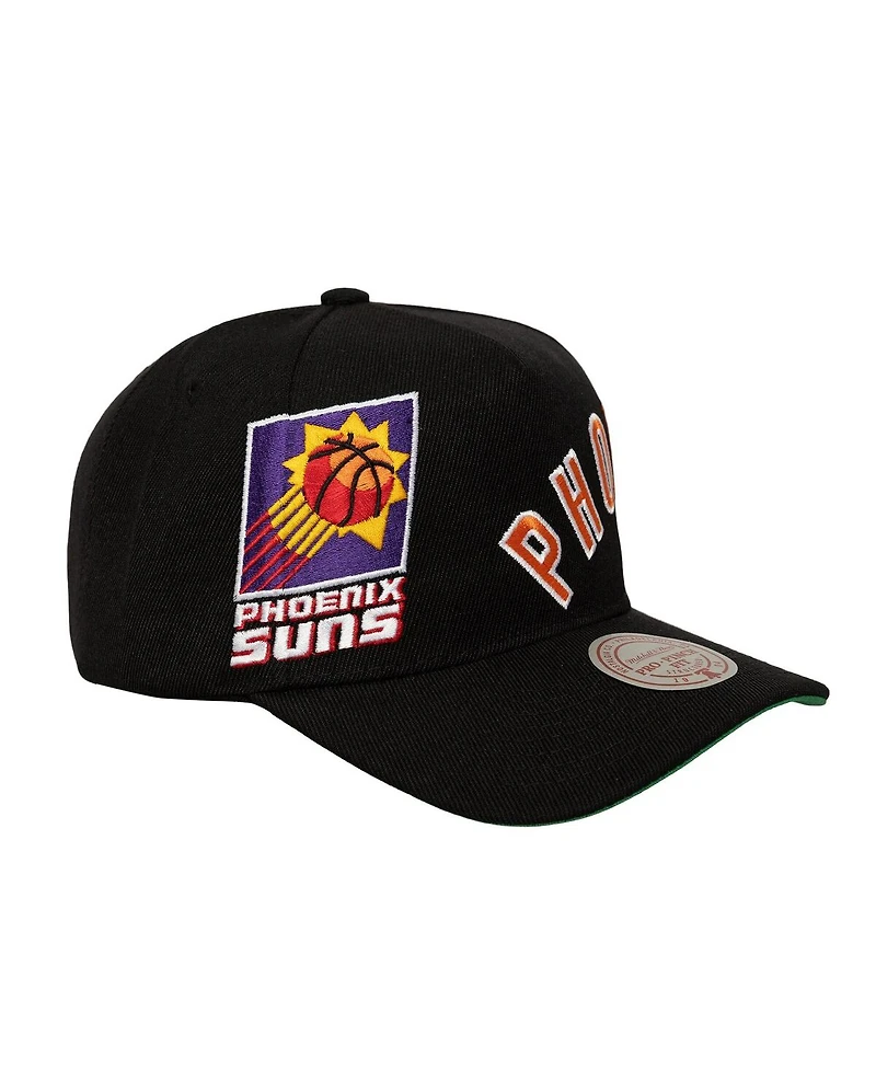 Mitchell & Ness Men's Black Phoenix Suns Busted Logo Wordmark Wrap-Around Pro Pinch Adjustable Hat