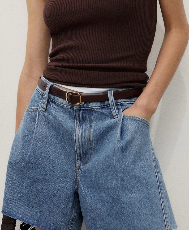 Mango Women's Frayed Hem and Pleats Denim Shorts