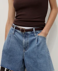 Mango Women's Frayed Hem and Pleats Denim Shorts