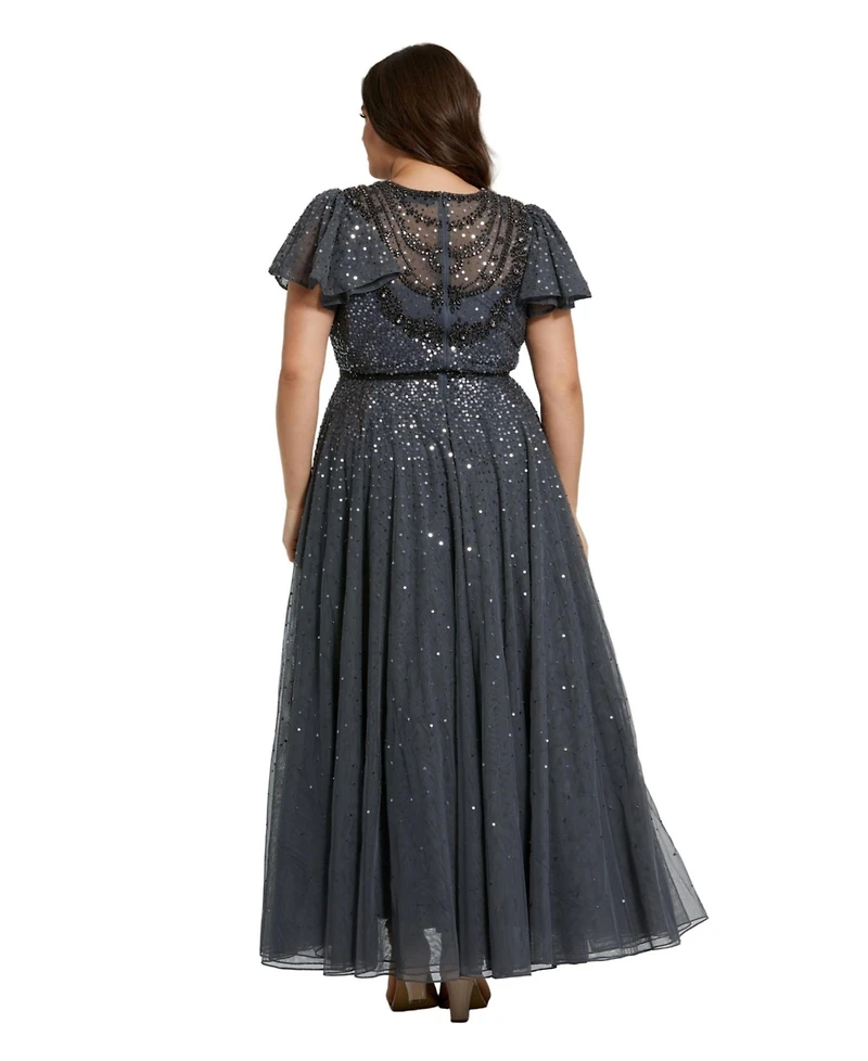 Mac Duggal Women's Sheer Flutter Sleeve Beaded Fluffy Net Gown