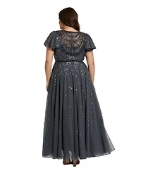 Mac Duggal Women's Sheer Flutter Sleeve Beaded Fluffy Net Gown
