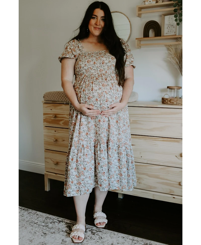 Pinkblush Maternity Taupe Floral Smocked Puff Sleeve Midi Dress