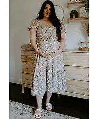 Pinkblush Maternity Taupe Floral Smocked Puff Sleeve Midi Dress