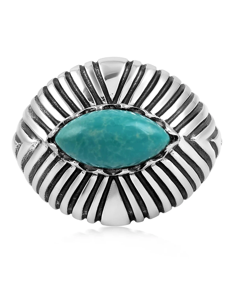 American West Jewelry Sterling Silver Green Turquoise Marquise Gemstone Ribbed Ring