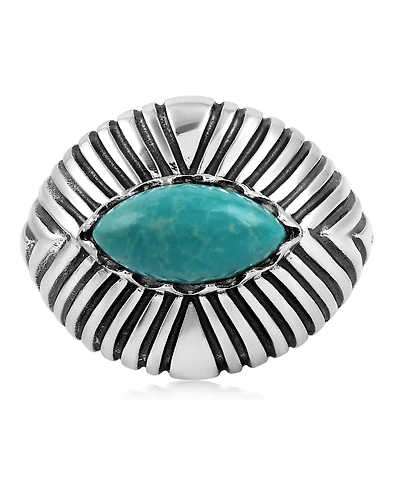 American West Jewelry Sterling Silver Green Turquoise Marquise Gemstone Ribbed Ring